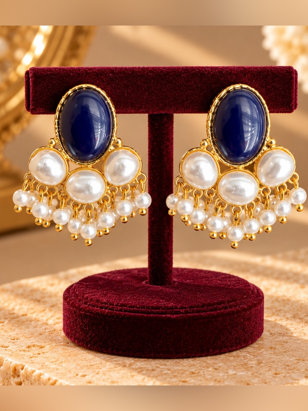 Vintage Style Navy Blue Pearl Dangle Statement Earrings
